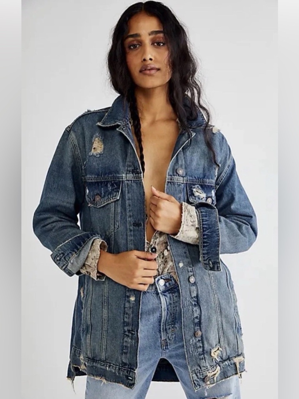 Free People Destroyed Long & Lean Trucker Jacket We The Free Deep Indigo Large